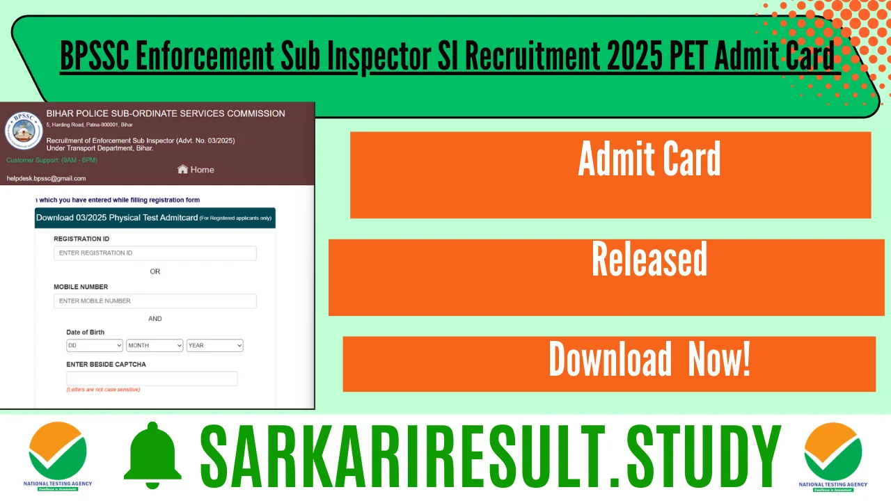 BPSSC Enforcement Sub Inspector SI Recruitment 2025 PET Admit Card 