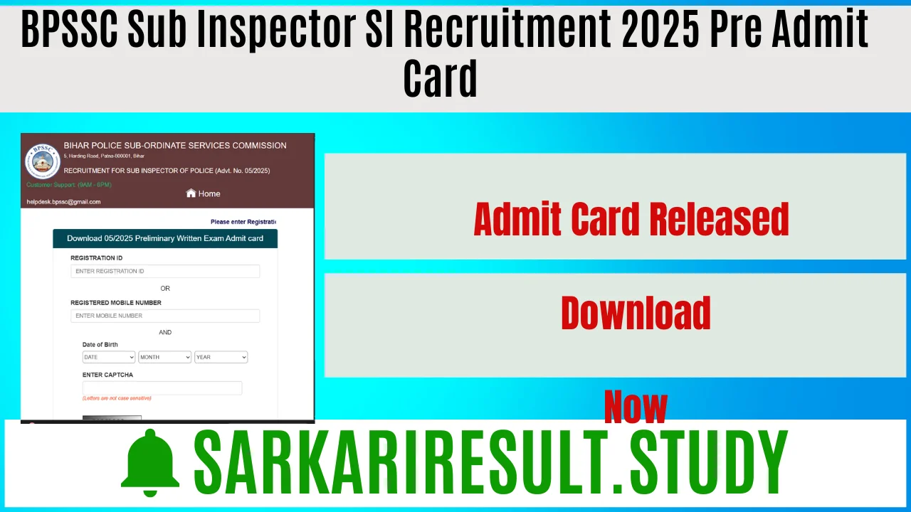 BPSSC Sub Inspector SI Recruitment 2025 Pre Admit Card 