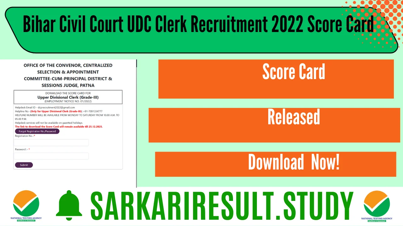 Bihar Civil Court UDC Clerk Recruitment 2022 Score Card 