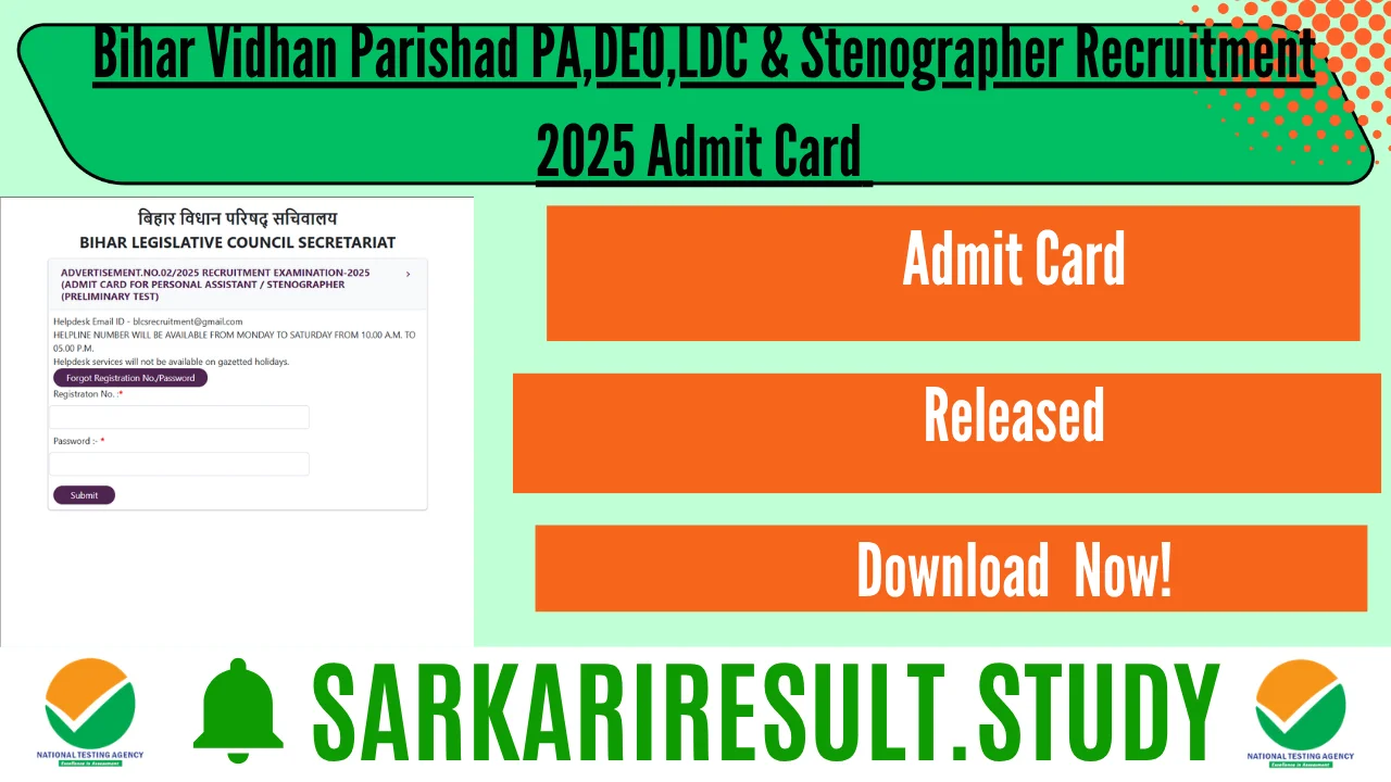 Bihar Vidhan Parishad PA,DEO,LDC & Stenographer Recruitment 2025 Admit Card 