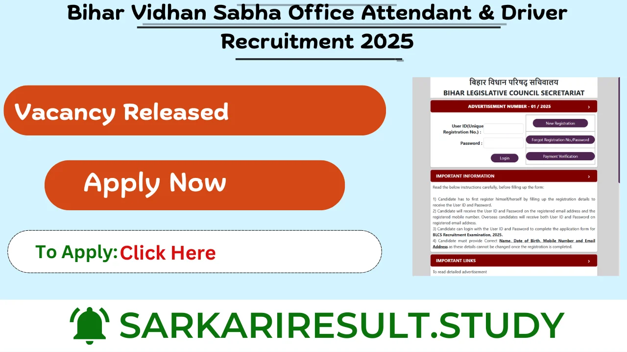Bihar Vidhan Sabha Office Attendant & Driver Recruitment 2025