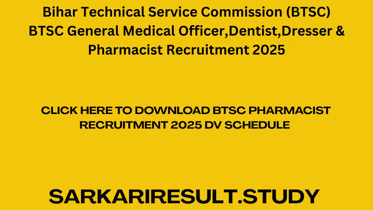 BTSC Pharmacist Recruitment 2025 DV Schedule 