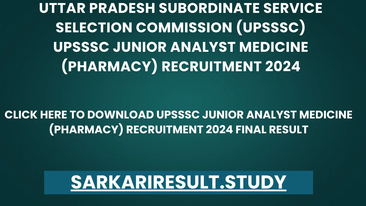 UPSSSC Junior Analyst Medicine (Pharmacy) Recruitment 2024 Final Result