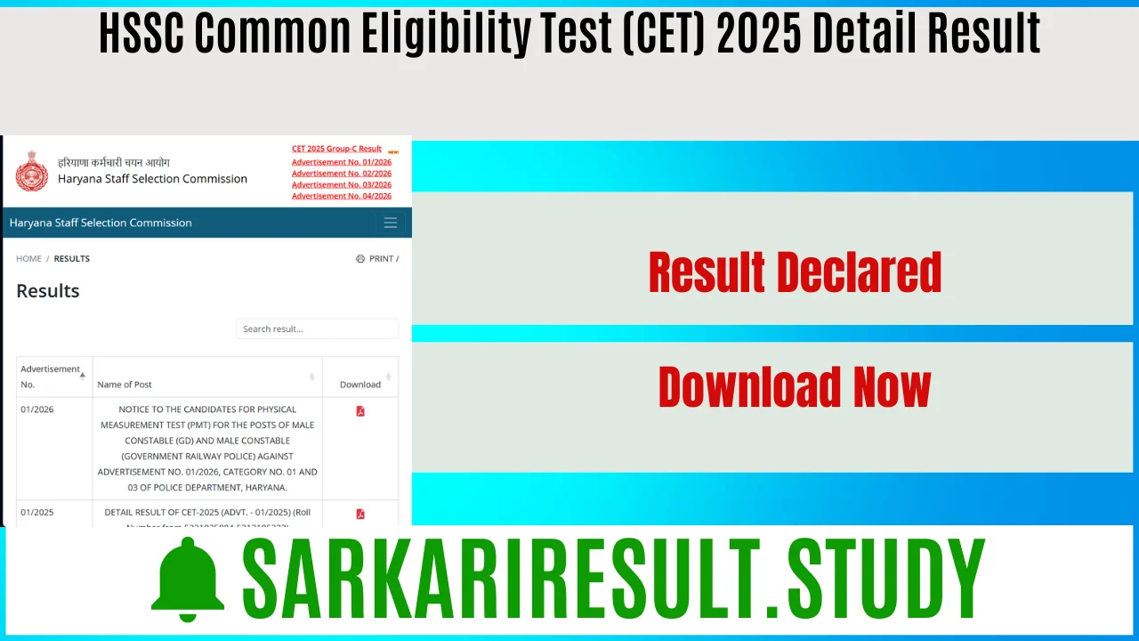 HSSC Common Eligibility Test (CET) 2025 Detail Result