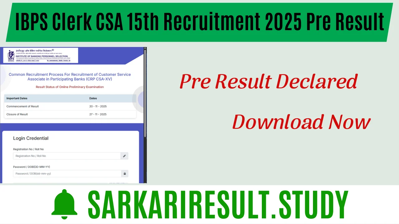 IBPS Clerk CSA 15th Recruitment 2025 Pre Result