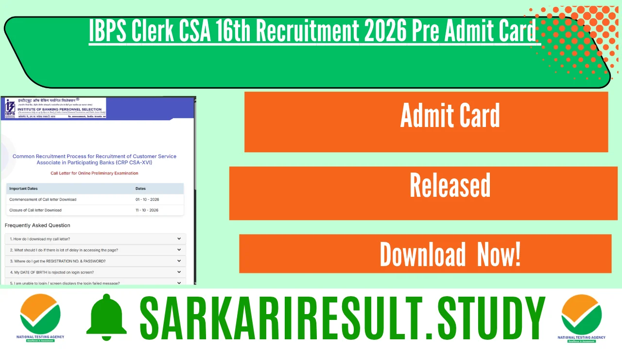 IBPS Clerk CSA 16th Recruitment 2026 Pre Admit Card 