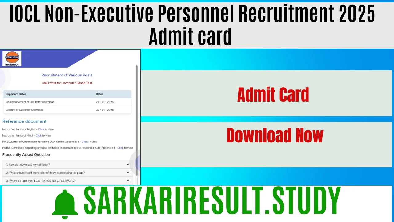 IOCL Non-Executive Personnel Recruitment 2025 Admit card 