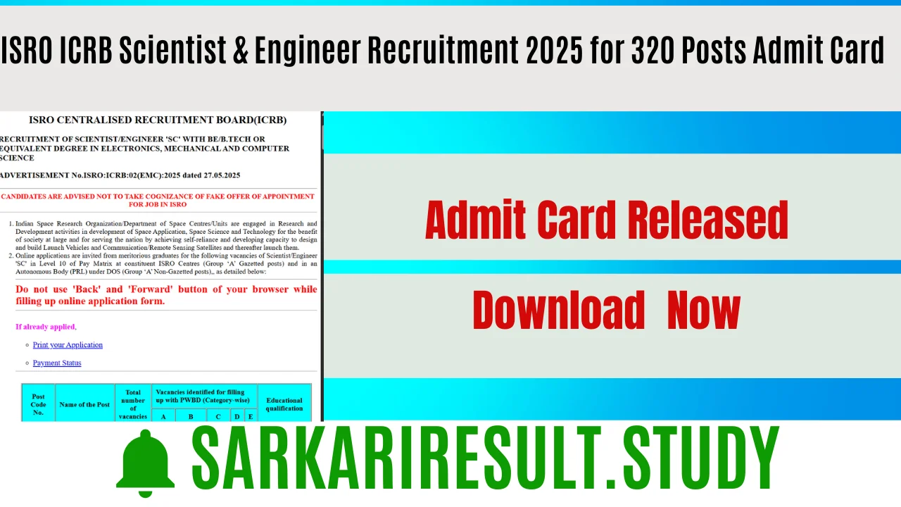 ISRO ICRB Scientist & Engineer Recruitment 2025 for 320 Posts Admit Card 