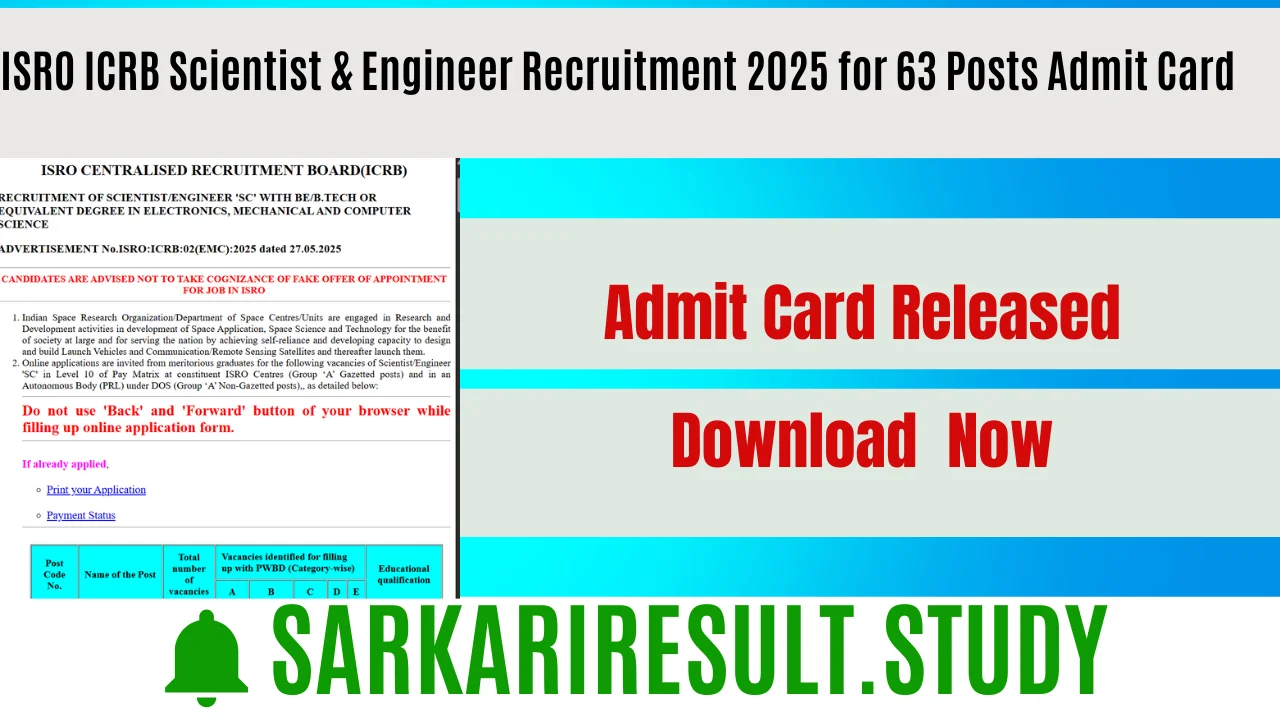 ISRO ICRB Scientist & Engineer Recruitment 2025 for 63 Posts Admit Card 