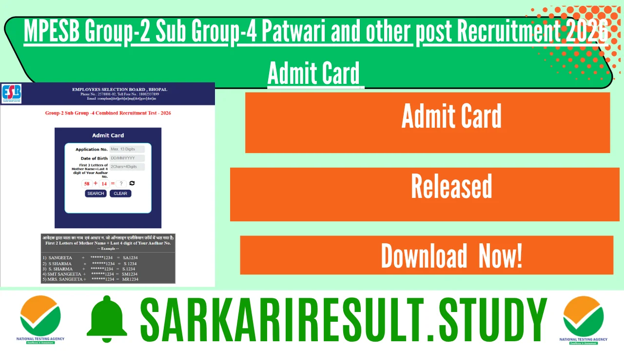 MPESB Group-2 Sub Group-4 Patwari and other post Recruitment 2026 Admit Card 