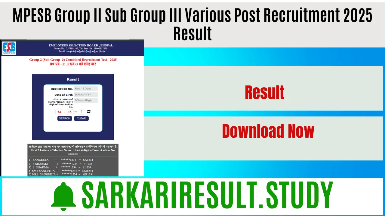 MPESB Group II Sub Group III Various Post Recruitment 2025 Result