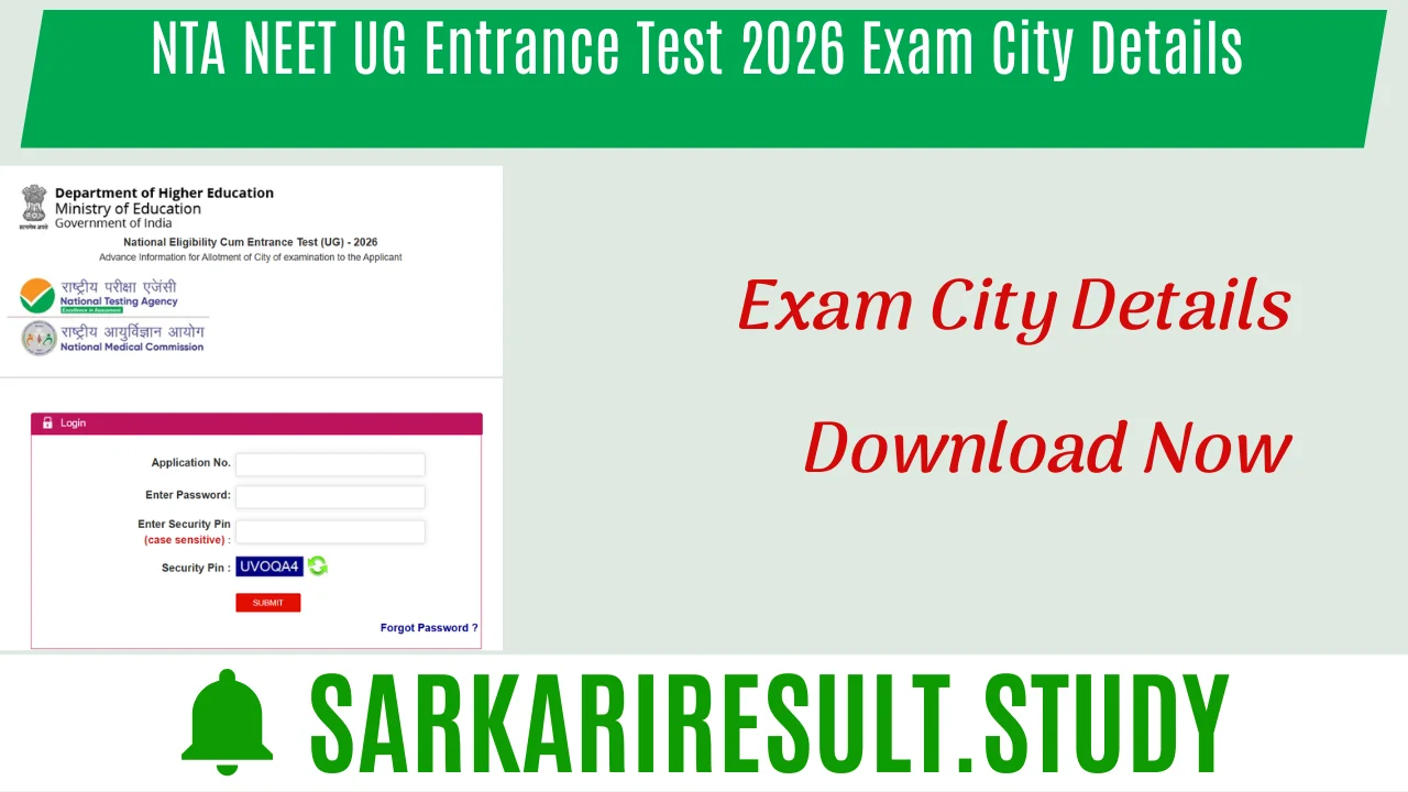 NTA NEET UG Entrance Test 2026 Exam City Details 