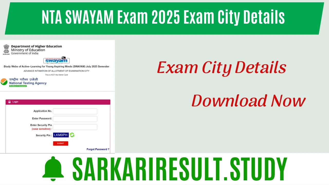 NTA SWAYAM Exam 2025 Exam City Details 
