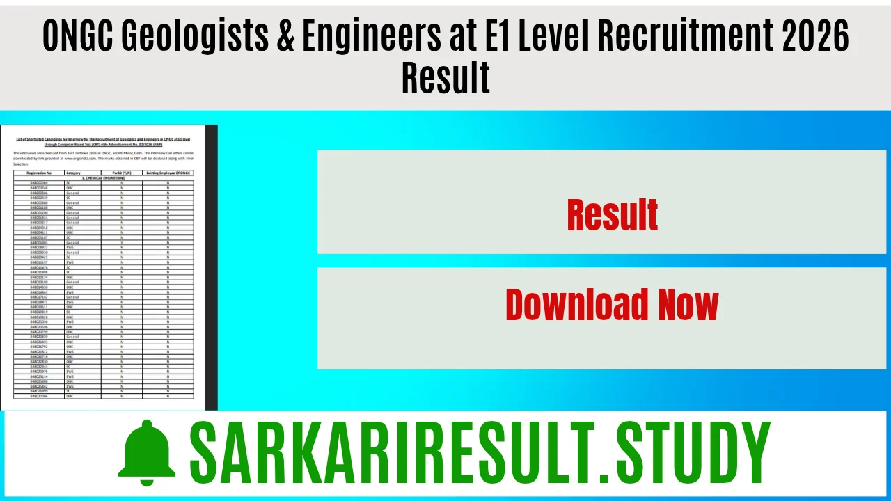 ONGC Geologists & Engineers at E1 Level Recruitment 2026 Result