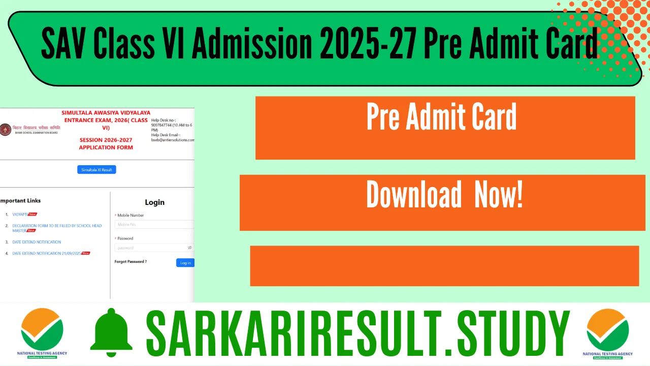 SAV Class VI Admission 2025-27 Pre Admit Card 