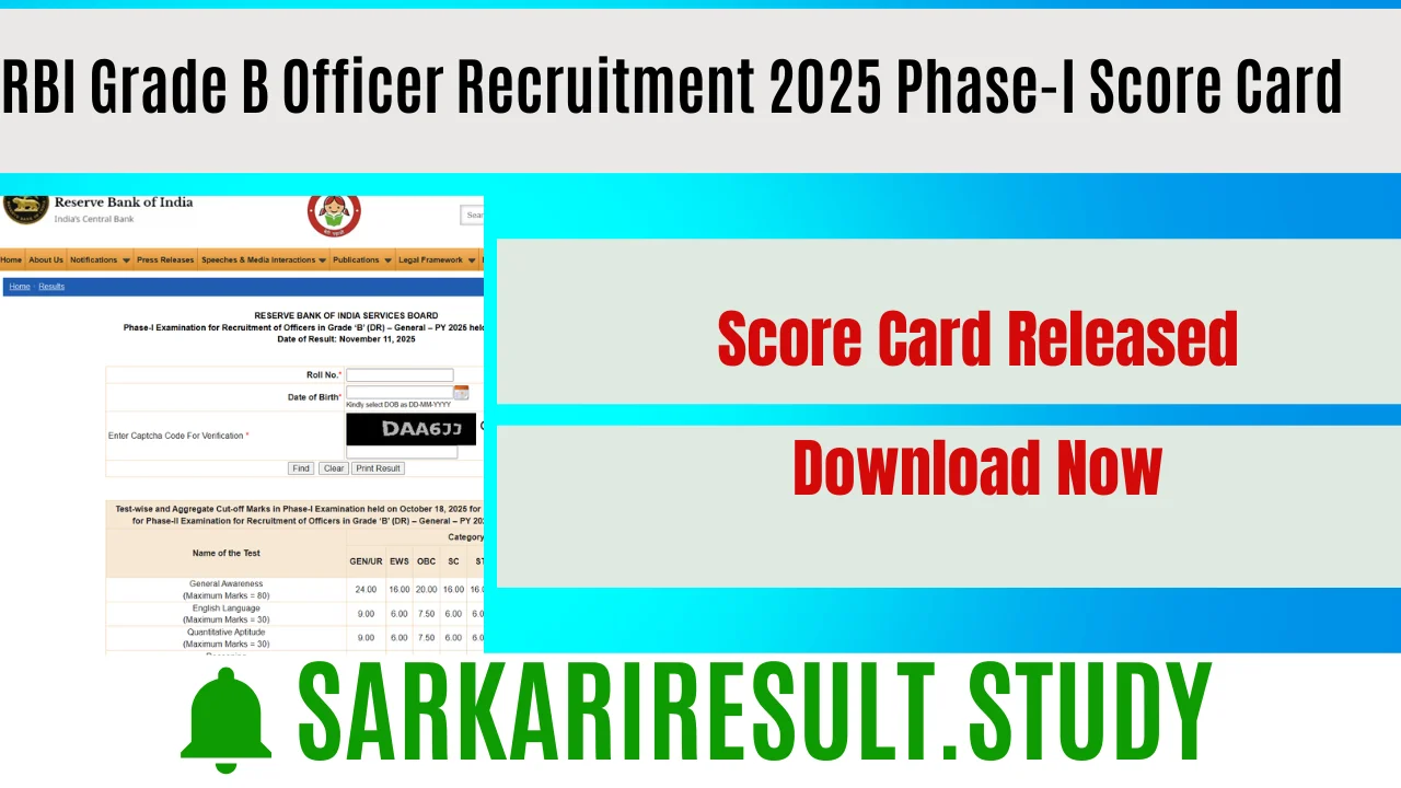 RBI Grade B Officer Recruitment 2025 Phase-I Score Card 