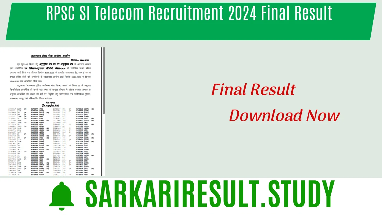 RPSC SI Telecom Recruitment 2024 Final Result 