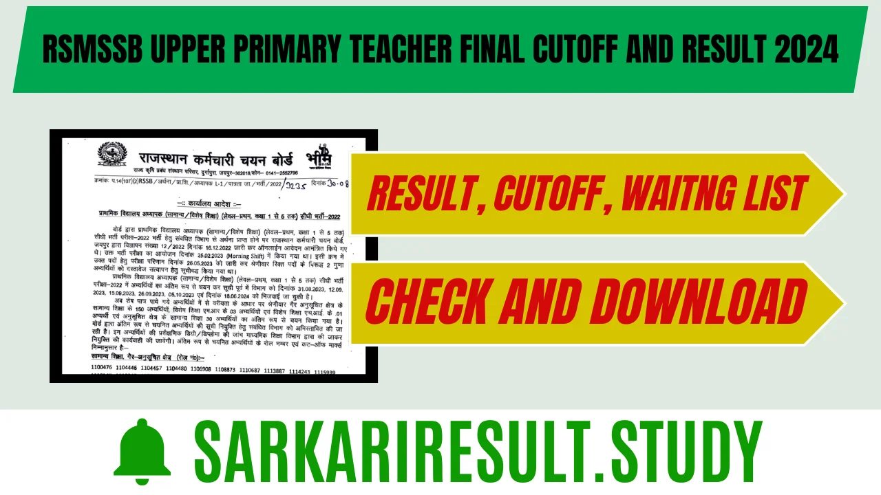 RSMSSB Upper Primary Teacher Final cutoff and result 2024