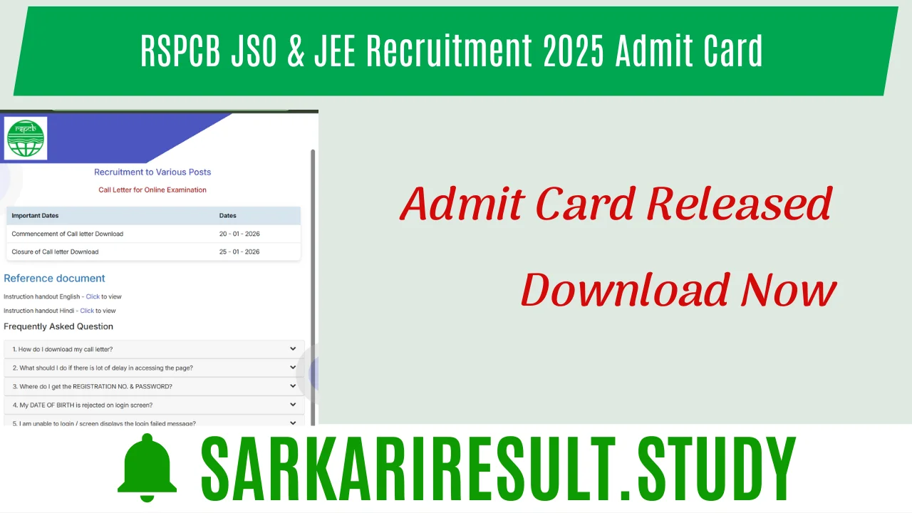 RSPCB JSO & JEE Recruitment 2025 Admit Card 