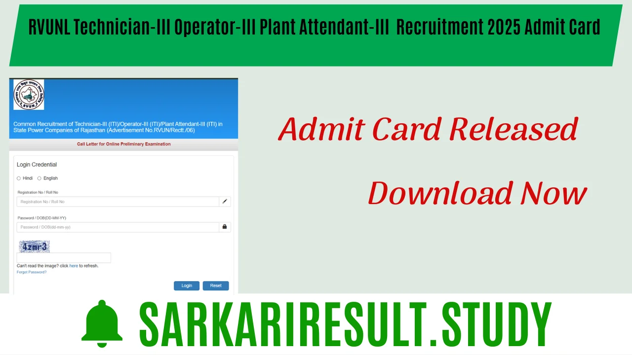 RVUNL Technician-III Operator-III Plant Attendant-III  Recruitment 2025 Admit Card 