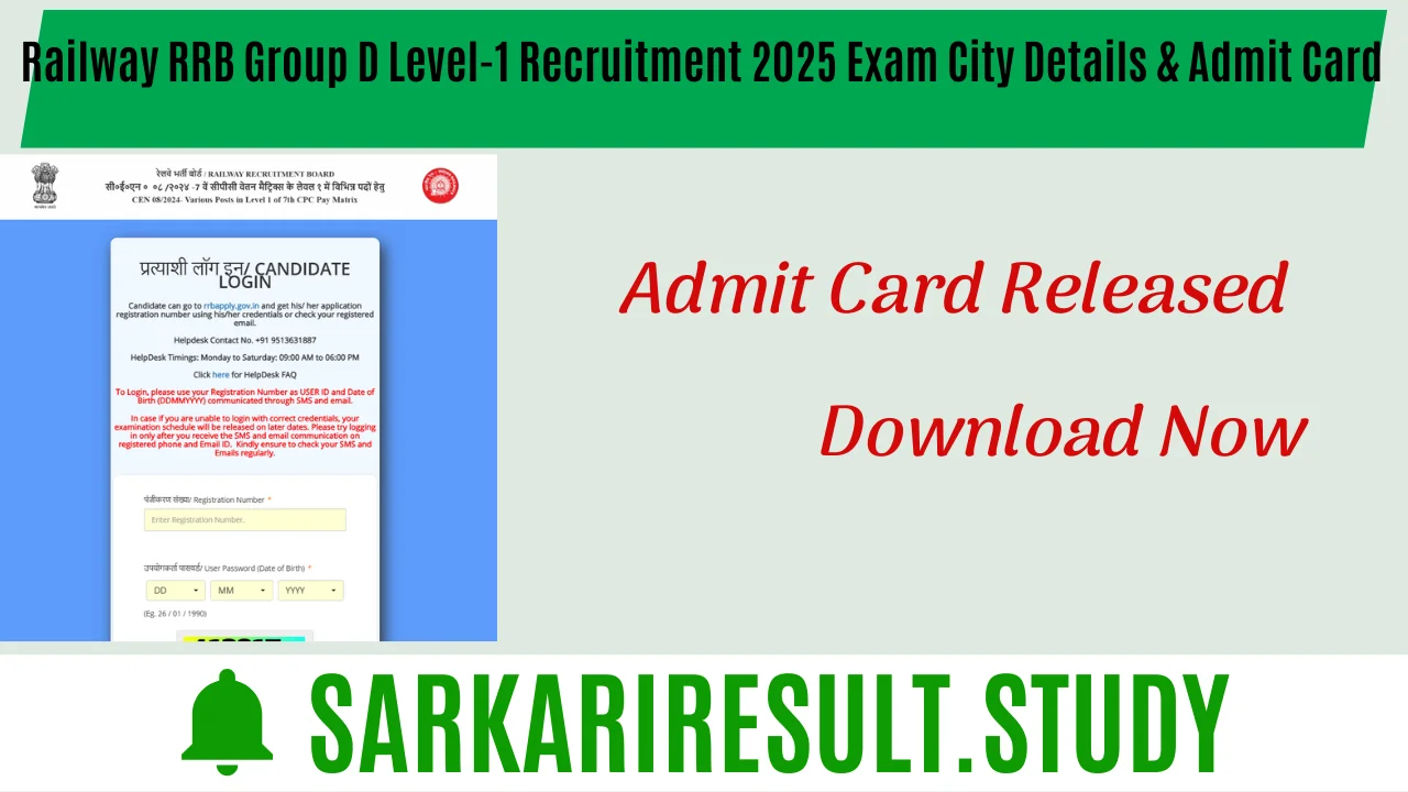 Railway RRB Group D Level-1 Recruitment 2025 Exam City Details & Admit Card 