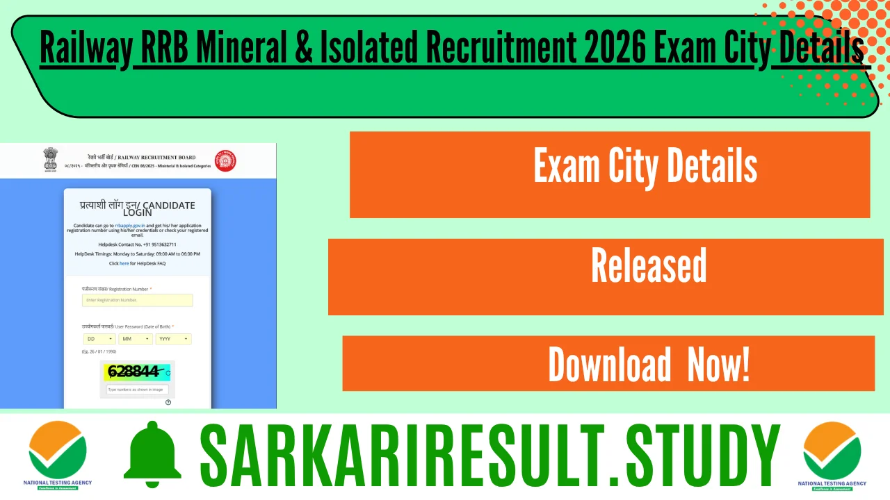 Railway RRB Mineral & Isolated Recruitment 2026 Exam City Details 