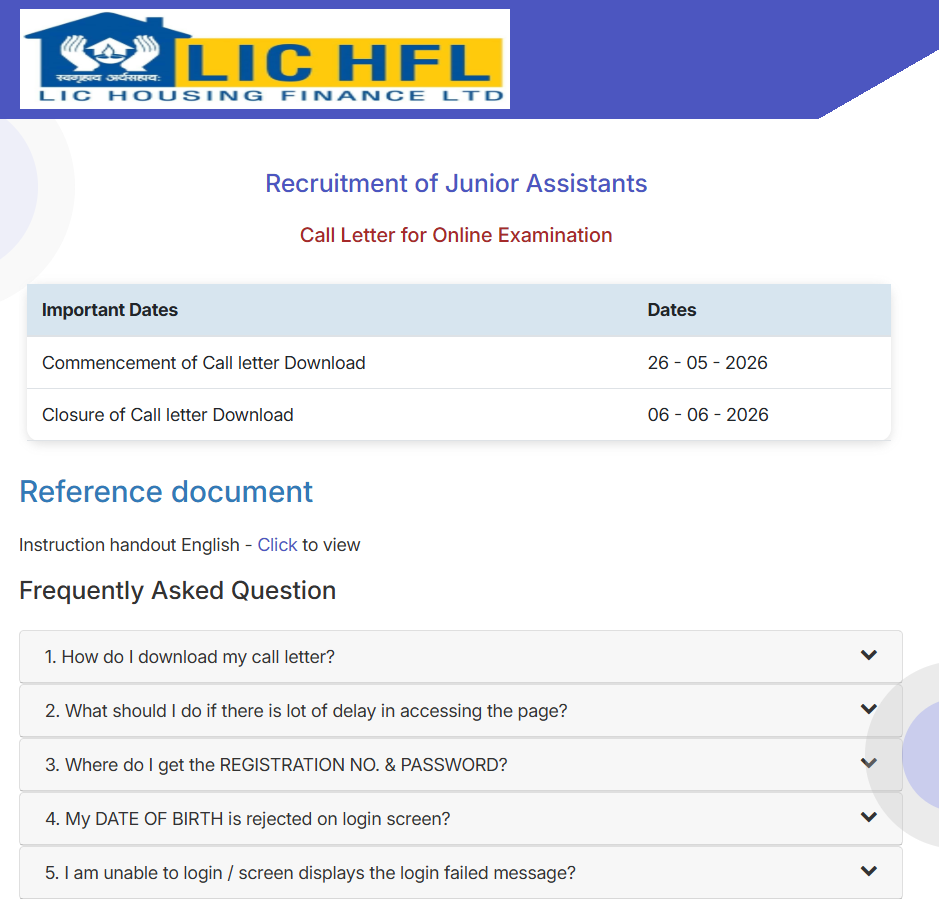 LIC HFL Junior Assistant Recruitment 2026 Admit Card