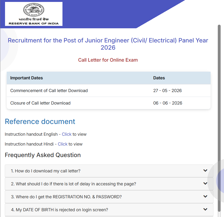 RBI JE Recruitment 2026 Admit Card 
