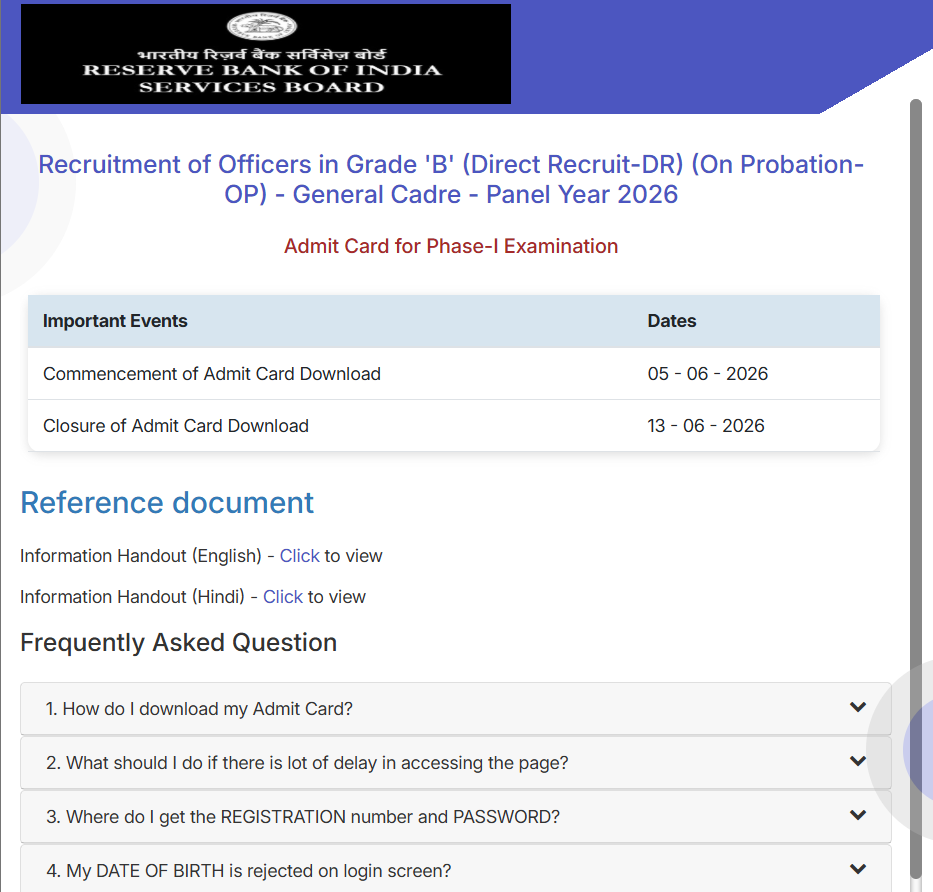 RBI Grade B Officer Recruitment 2026 Phase-1 Admit Card 