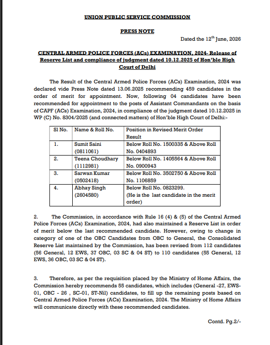 UPSC CAPF Assistant Commandant AC Recruitment 2024 Reserve List