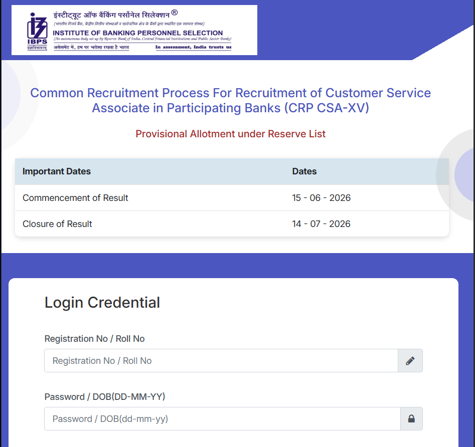 IBPS Clerk CSA 15th Recruitment 2025 Reserve List 