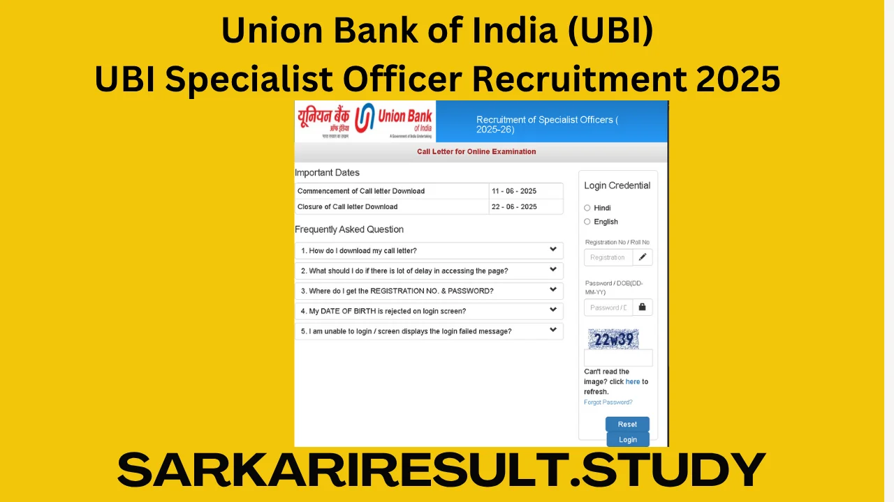 UBI Specialist Officer Recruitment 2025 Admit Card