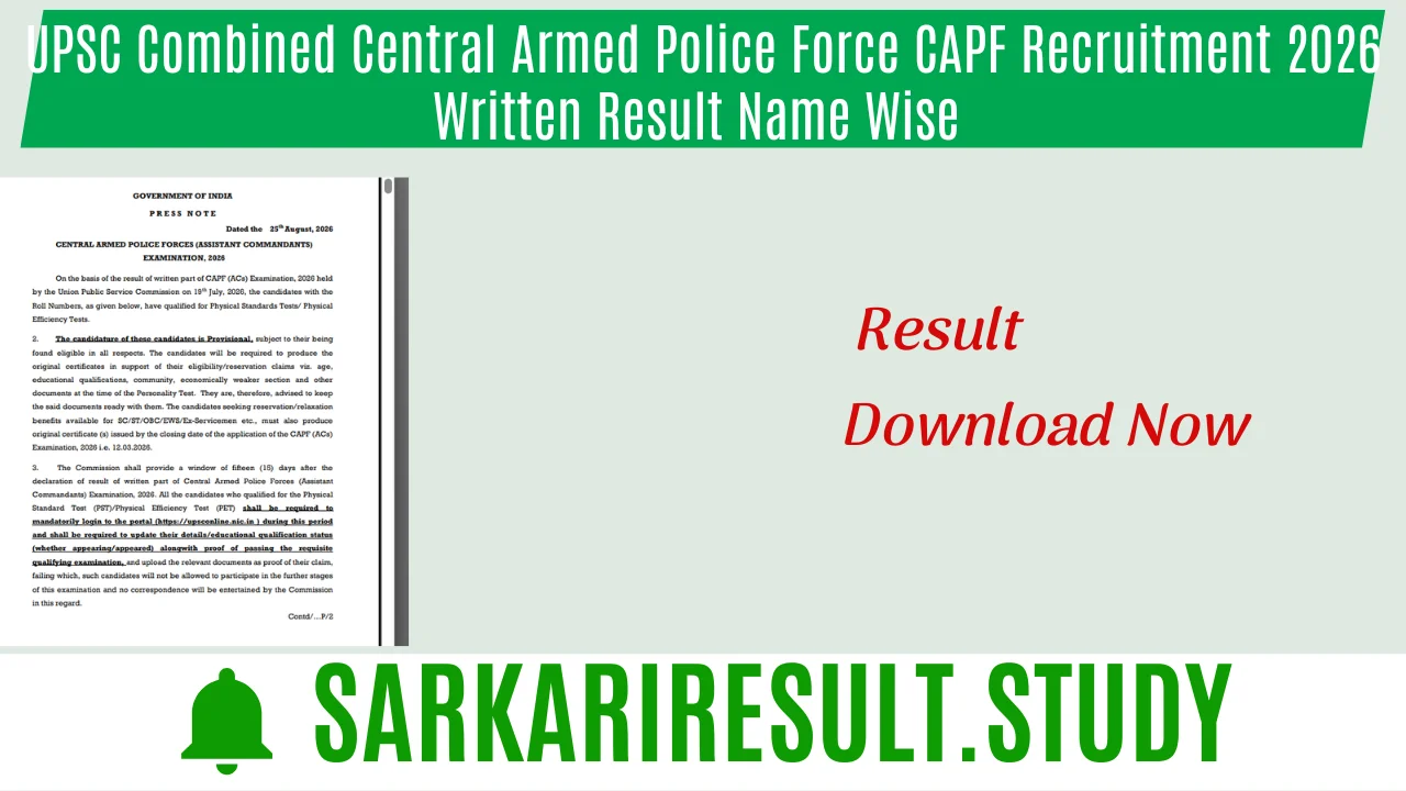UPSC Combined Central Armed Police Force CAPF Recruitment 2026 Written Result Name Wise