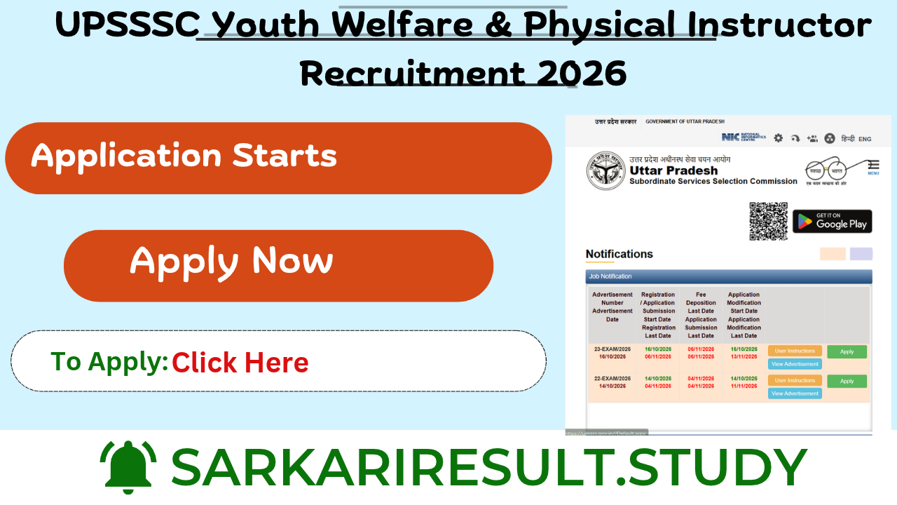 UPSSSC Youth Welfare & Physical Instructor Recruitment 2026
