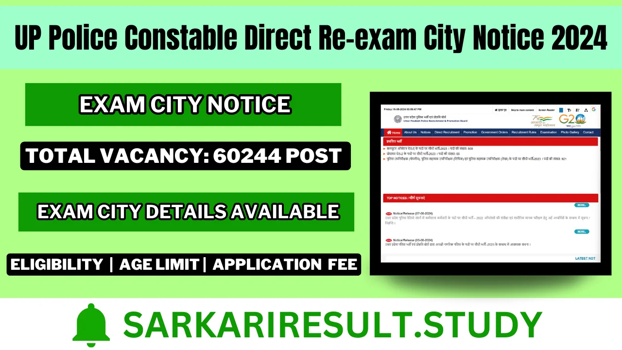 UP Police Constable Direct Re-exam City Notice 2024